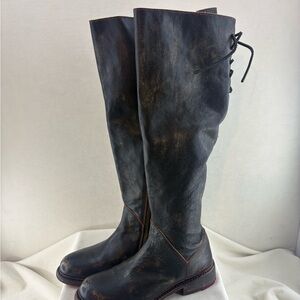 Bed Stu ManchesterTall Lace-Back Distressed Black Leather Boots wide calf NIB